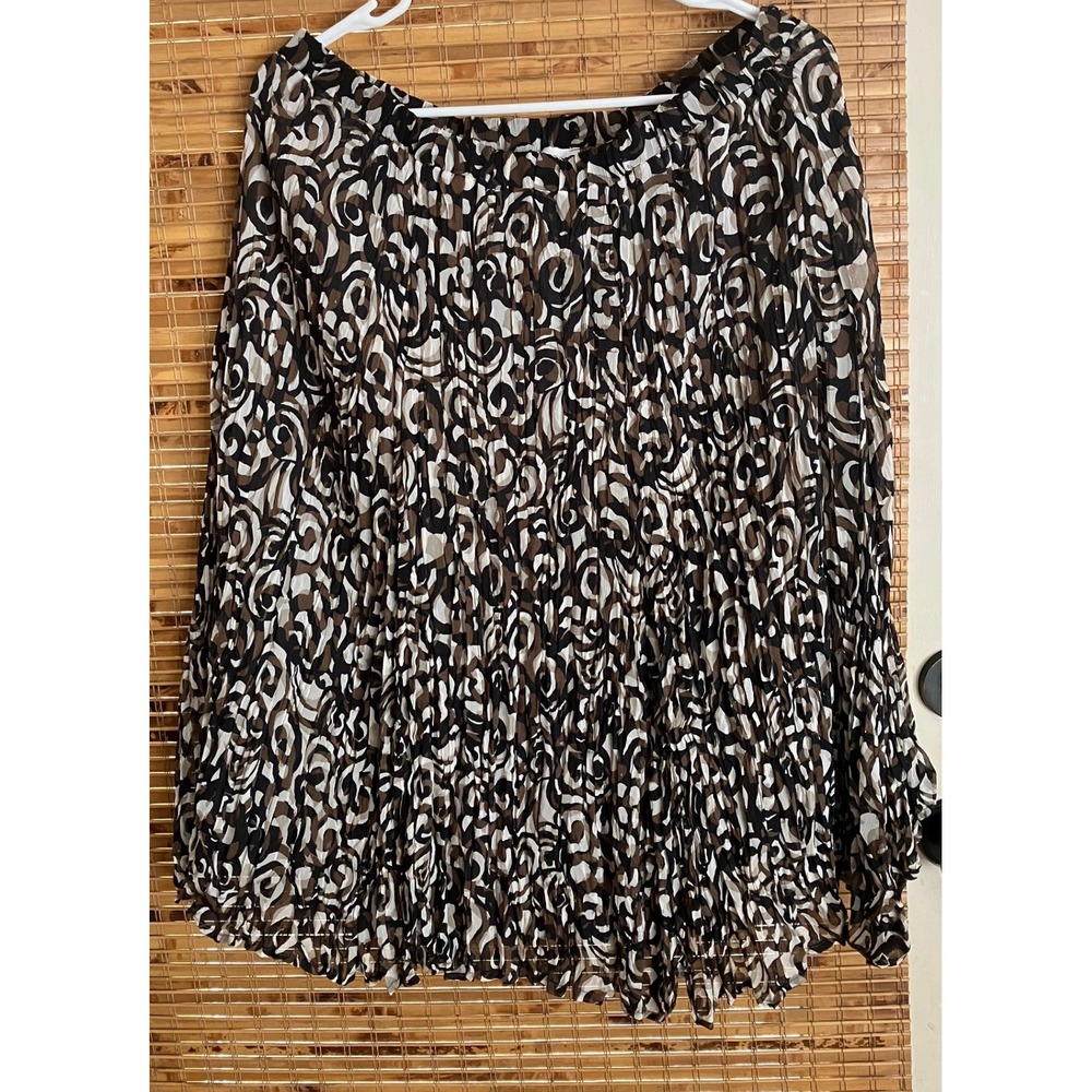 Chicos Womens Size 2 Brown Black Abstract Swirl Pleated Crinkle Midi Skirt Lined